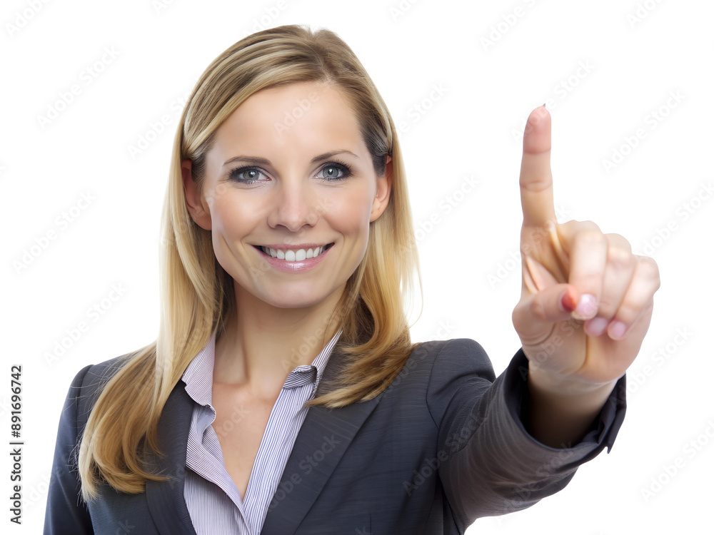Happy businesswoman pointing at something with her finger, isolated on white Happy businesswoman pointing at something with her finger, isolated on white