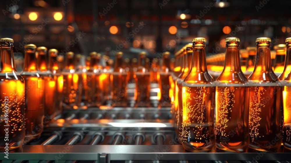 Industrial setting with beer bottles on a conveyor belt, emphasizing the efficiency of the bottling process. Industrial setting with beer bottles on a conveyor belt, emphasizing the efficiency of the bottling process.