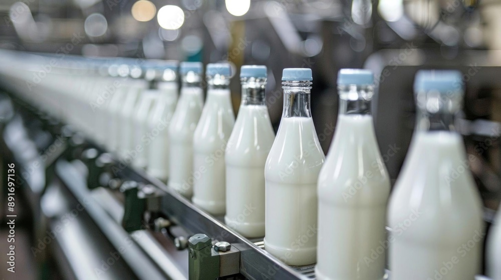 Bottles of milk moving on a conveyor in a dairy factory, emphasizing the efficiency of the production process.