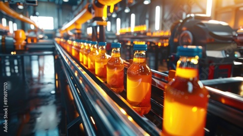 Conveyor belt with juice bottles in an industrial setting, emphasizing the automated production line and efficiency.