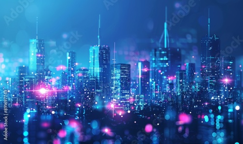 Wallpaper Mural Abstract Nighttime Skyline with Cool Purple Tones: Lo-Fi Ambiance Inspired by Comics and Anime. Futuristic Urban Landscape Depicting Prosperity and City Nightlife. Aerial View of Thriving Metropolis.  Torontodigital.ca