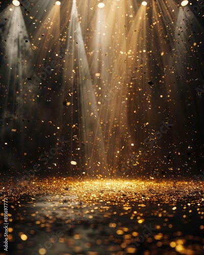 Festive stage, golden confetti rain, spotlight in middle, empty night room, vibrant glow, mockup for award ceremonies, jubilees, parties, product presentations