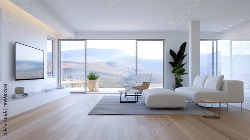 A large living room with a white couch, a black coffee table © OZTOCOOL