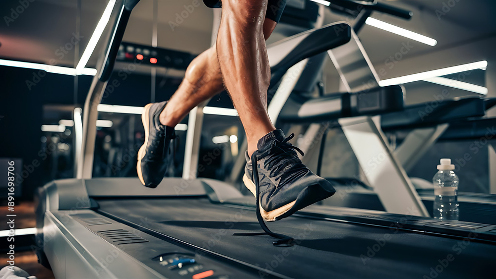 Close-up of man feet on a treadmill running at the gym or at home Close-up of man feet on a treadmill running at the gym or at home