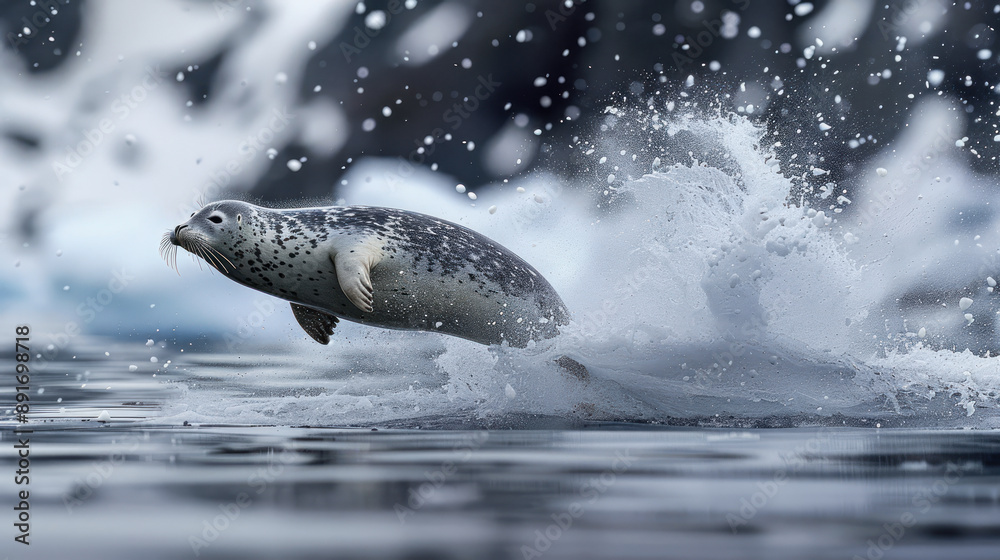Fototapeta premium Spotted Seal Leaping Out of Icy Water