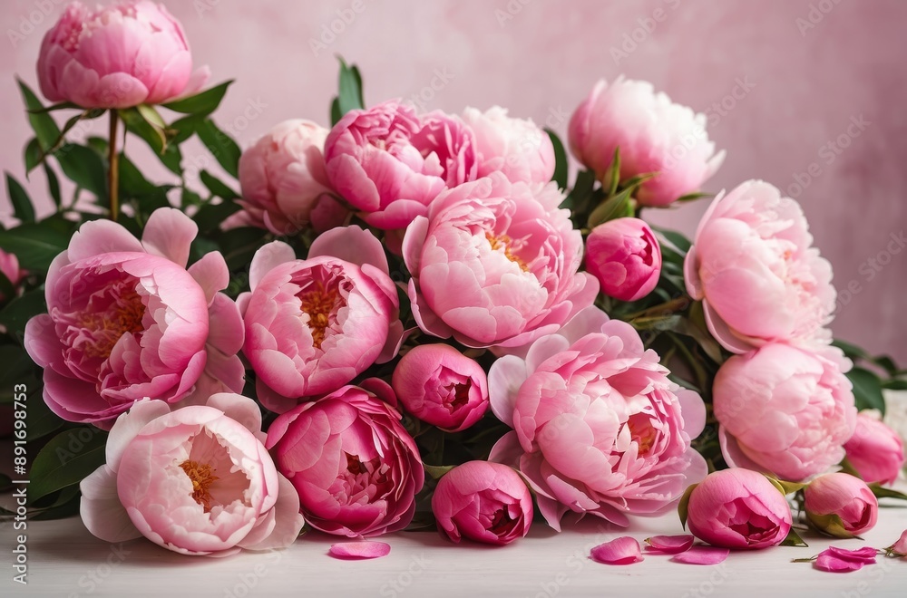Fototapeta premium Close-up of pink peonies arranged on white surface showcasing delicate petals and vibrant color