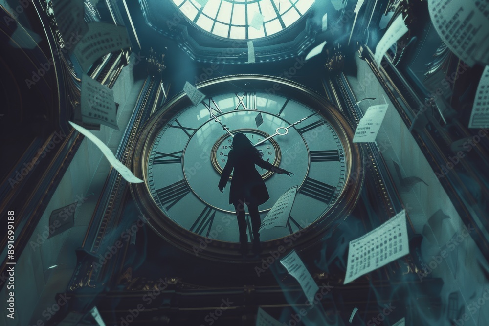 Fototapeta premium A surreal scene of a figure standing on a giant clock face, surrounded by floating papers in a grand domed room.