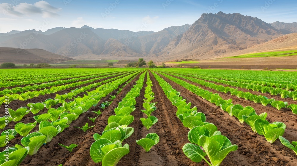 A field of green lettuce plants is growing in the dirt A field of green lettuce plants is growing in the dirt