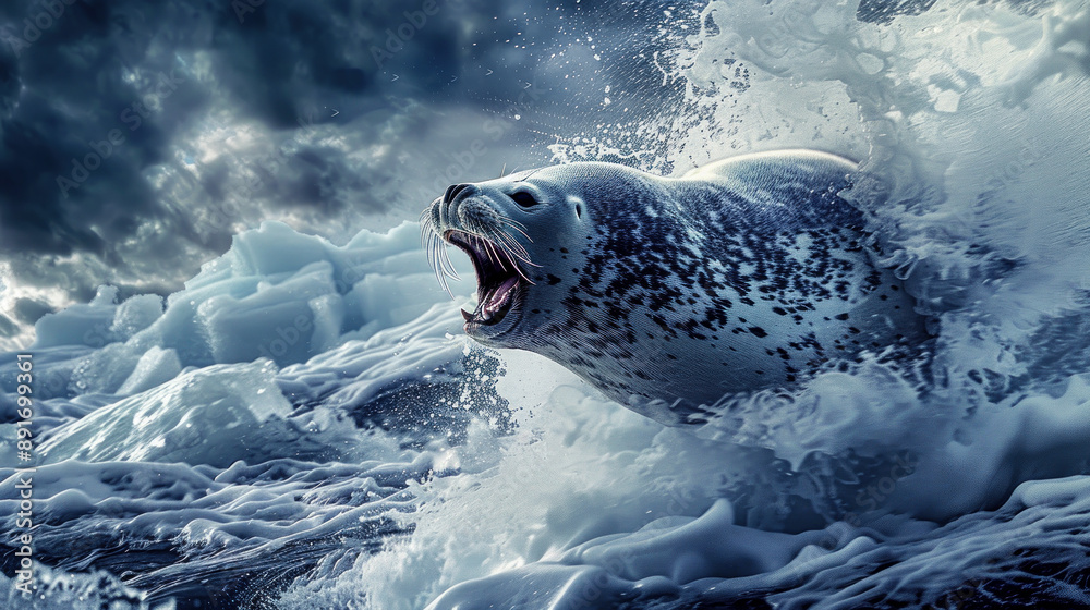 Fototapeta premium Spotted Seal Leaping Out of Icy Water
