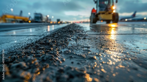 Close-up view of a construction site with machinery on a wet asphalt road during twilight, highlighting the texture and atmosphere. photo