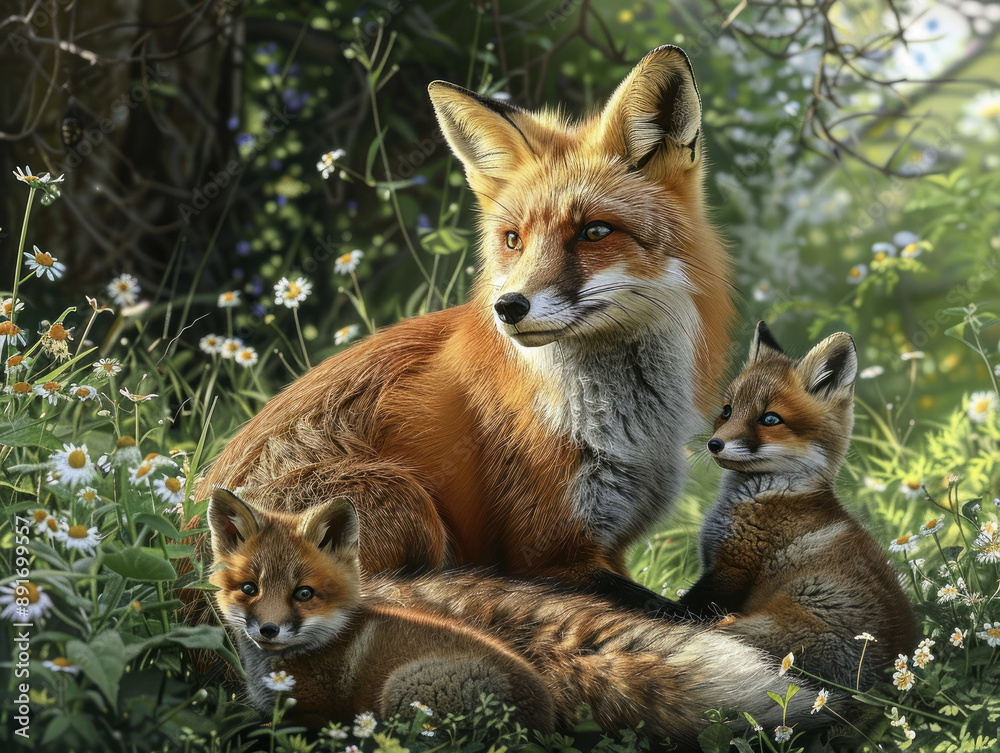 Fototapeta premium Red Fox with Adorable Pups in Forest