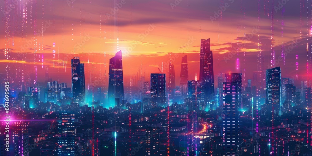 custom made wallpaper toronto digitalAbstract Nighttime Skyline with Cool Purple Tones: Lo-Fi Ambiance Inspired by Comics and Anime. Futuristic Urban Landscape Depicting Prosperity and City Nightlife. Aerial View of Thriving Metropolis. 