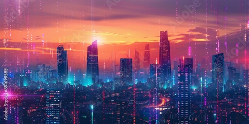 Wallpaper Mural Abstract Nighttime Skyline with Cool Purple Tones: Lo-Fi Ambiance Inspired by Comics and Anime. Futuristic Urban Landscape Depicting Prosperity and City Nightlife. Aerial View of Thriving Metropolis.  Torontodigital.ca