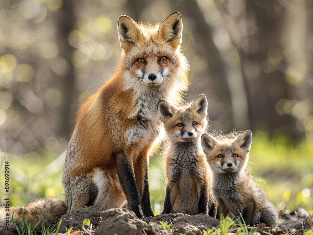 Red Fox with Adorable Pups in Forest Red Fox with Adorable Pups in Forest
