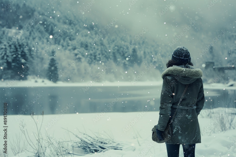 A person stands alone by a frozen lake, watching snowfall in a serene winter forest. The scene is peaceful and contemplative. A person stands alone by a frozen lake, watching snowfall in a serene winter forest. The scene is peaceful and contemplative.
