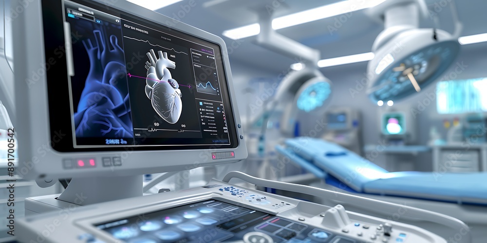 Modern clinic, detailed heart ultrasound on screen, advanced medical equipment visible. Modern clinic, detailed heart ultrasound on screen, advanced medical equipment visible.