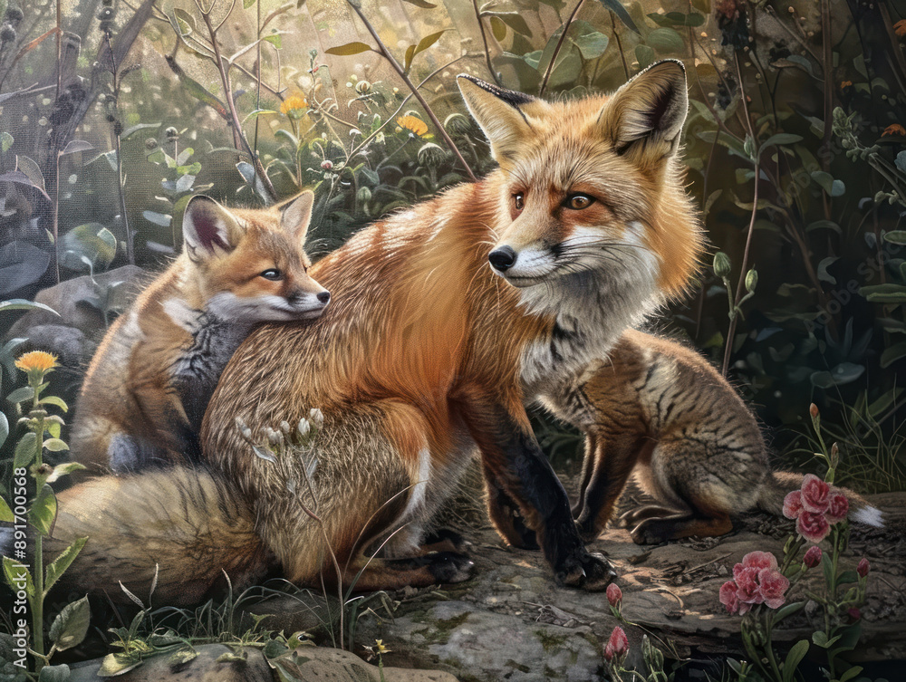 Obraz premium Red Fox with Adorable Pups in Forest