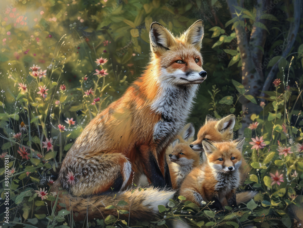 Obraz premium Red Fox with Adorable Pups in Forest