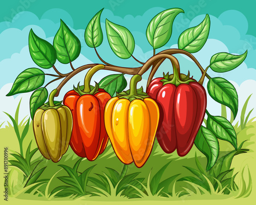 illustration Vector of fresh bell peppers on a branch with leaves, isolated farm background, hand drawn vegetabes and fruit cartoon photo