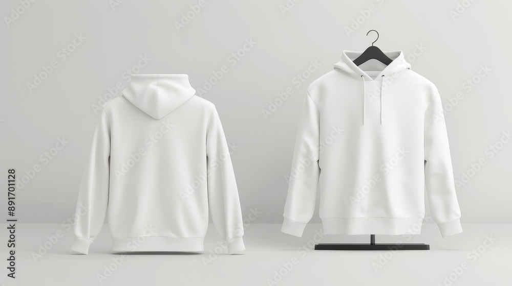 Two white hoodies hanging on a rack Two white hoodies hanging on a rack