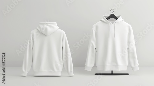 Two white hoodies hanging on a rack