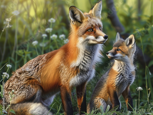 Red Fox with Adorable Pups in Forest