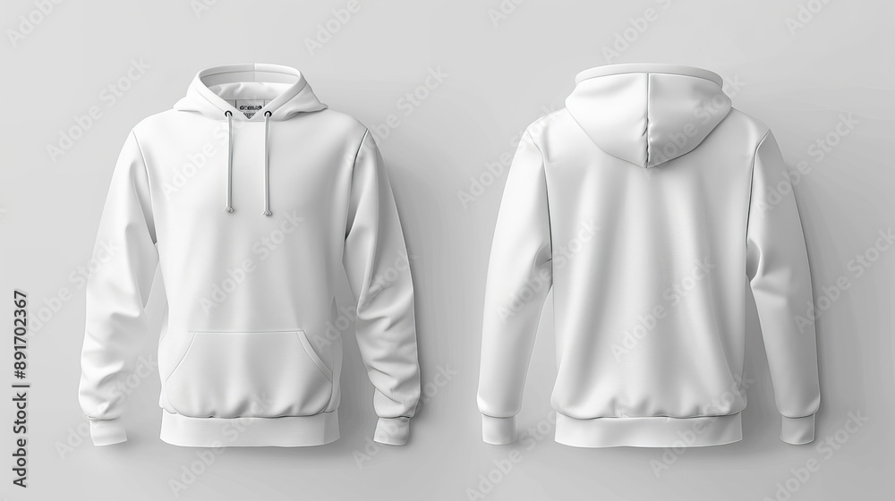A white hoodie with a hood is shown from the back A white hoodie with a hood is shown from the back