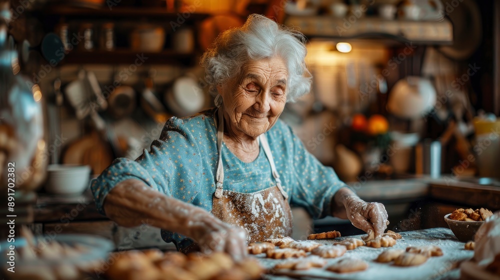 A senior woman baking cookies in a warmly lit kitchen, the aroma of freshly baked goods filling the air. The inviting setting and her focused expression convey the simple pleasures of cooking and A senior woman baking cookies in a warmly lit kitchen, the aroma of freshly baked goods filling the air. The inviting setting and her focused expression convey the simple pleasures of cooking and