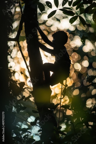 a silhouette of a monkey climbing a tree photo