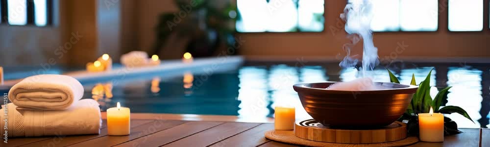 serene spa background candles, white towels, indoor pool, plants and steaming bowl, natural light, tranquil atmosphere for relaxation and meditation, spa retreats, wellness centers, relaxation spaces serene spa background candles, white towels, indoor pool, plants and steaming bowl, natural light, tranquil atmosphere for relaxation and meditation, spa retreats, wellness centers, relaxation spaces