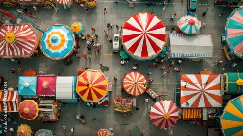 Aerial View of Colorful Carnival Tents and Crowds.