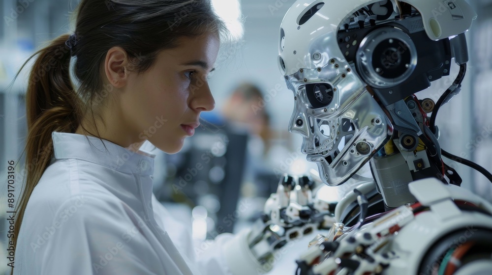 Robotics Engineer: A scientist or engineer programming or interacting with a robot, reflecting the advancements in robotics and automation
