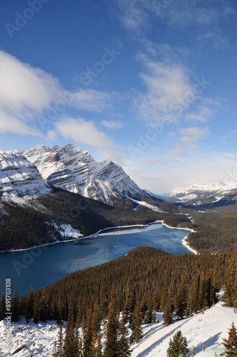 Snow covered Peyto Lake in early winter