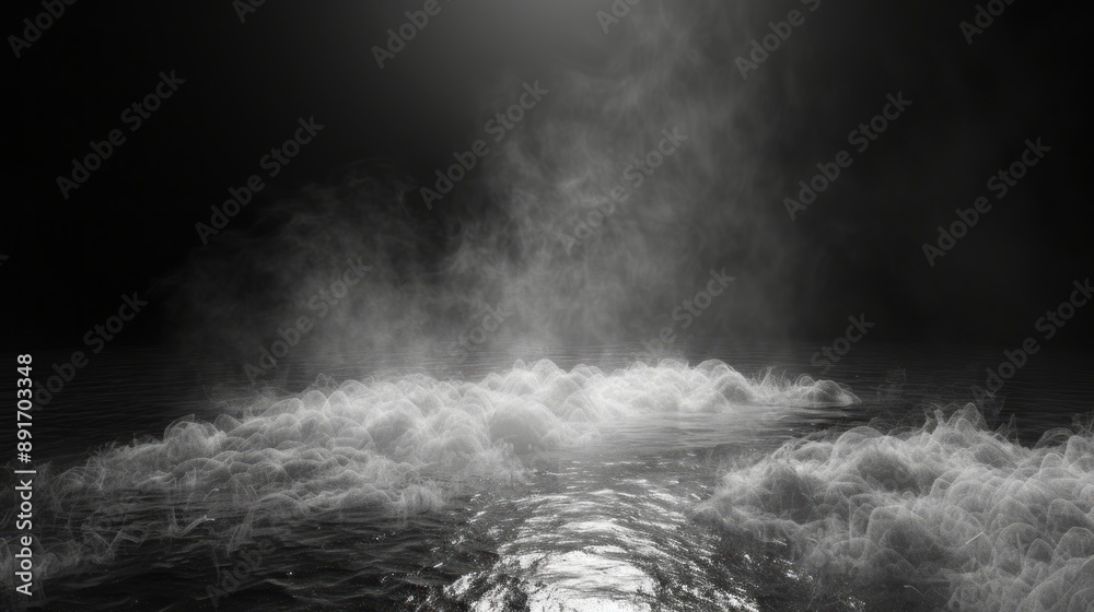 Fototapeta premium Smoke black ground fog cloud floor mist background steam dust dark white horror overlay. Ground smoke haze night black water atmosphere 3d magic