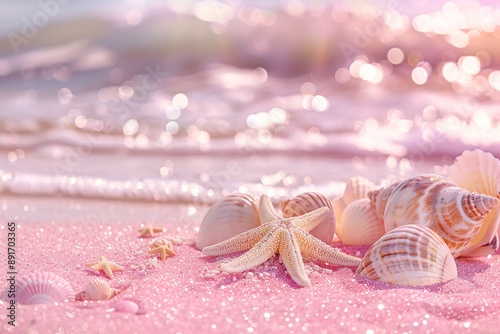 Seashells and Starfish on Pink Sand Beach with Ocean Waves