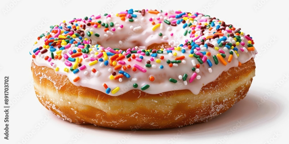 Delicious donut with pink icing and colorful sprinkles on white background. Perfect for bakery, dessert, and confectionery themes. Delicious donut with pink icing and colorful sprinkles on white background. Perfect for bakery, dessert, and confectionery themes.