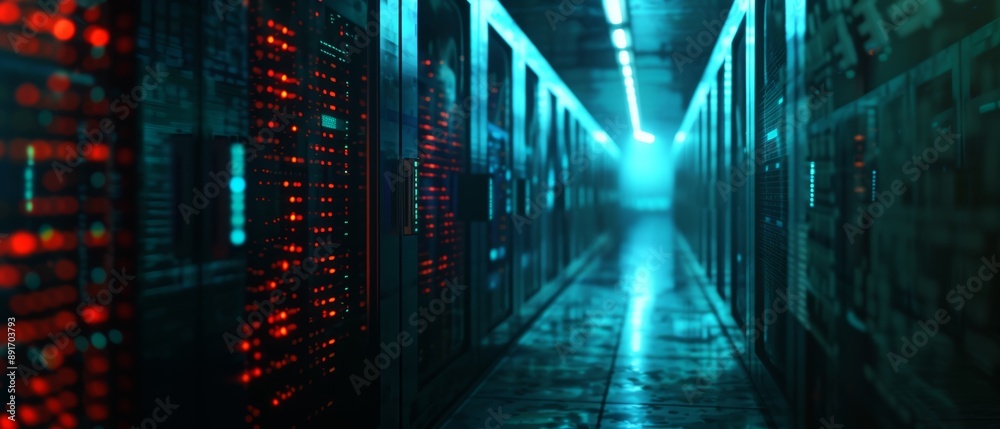 A dimly lit, futuristic data center corridor with glowing servers on both sides, emitting red and blue lights. The perspective emphasizes the depth and length of the corridor A dimly lit, futuristic data center corridor with glowing servers on both sides, emitting red and blue lights. The perspective emphasizes the depth and length of the corridor