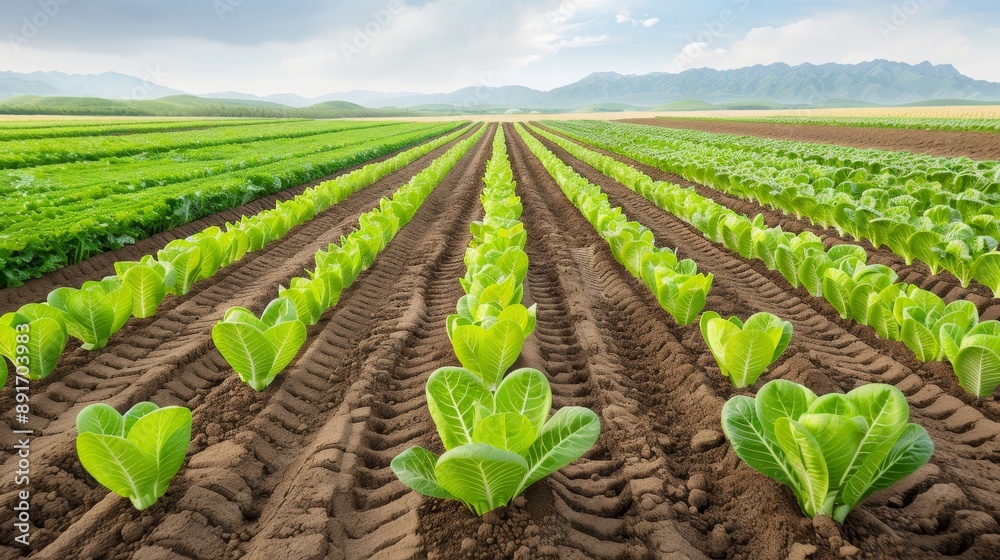 A field of lettuce is growing in the dirt A field of lettuce is growing in the dirt