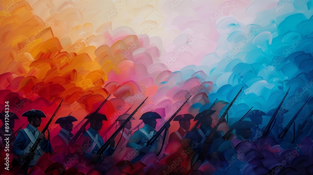 Abstract painting featuring soldiers with rifles against a vibrant backdrop of swirling red, orange, purple, and blue hues