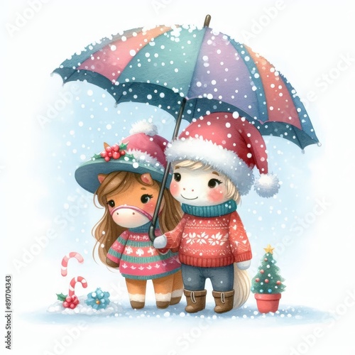A cute pony and a little girl wearing winter clothes and holding an umbrella stand in the snow.