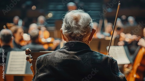 An elderly man attending a classical music concert, his face reflecting deep appreciation and enjoyment. The elegant concert hall and the shared cultural experience emphasize the timeless joy of live