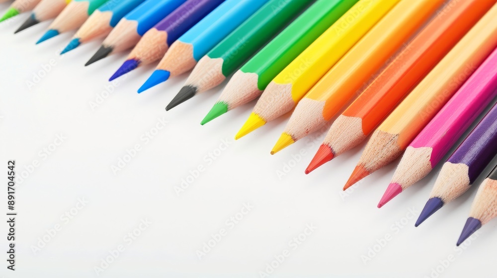 A row of colorful pencils with a white background A row of colorful pencils with a white background
