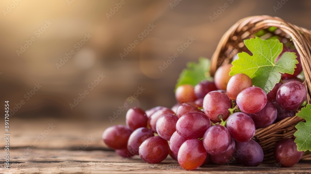 A wicker basket tipped over with red grapes spilling out onto a rustic wooden surface, with a blurred background and soft lighting A wicker basket tipped over with red grapes spilling out onto a rustic wooden surface, with a blurred background and soft lighting
