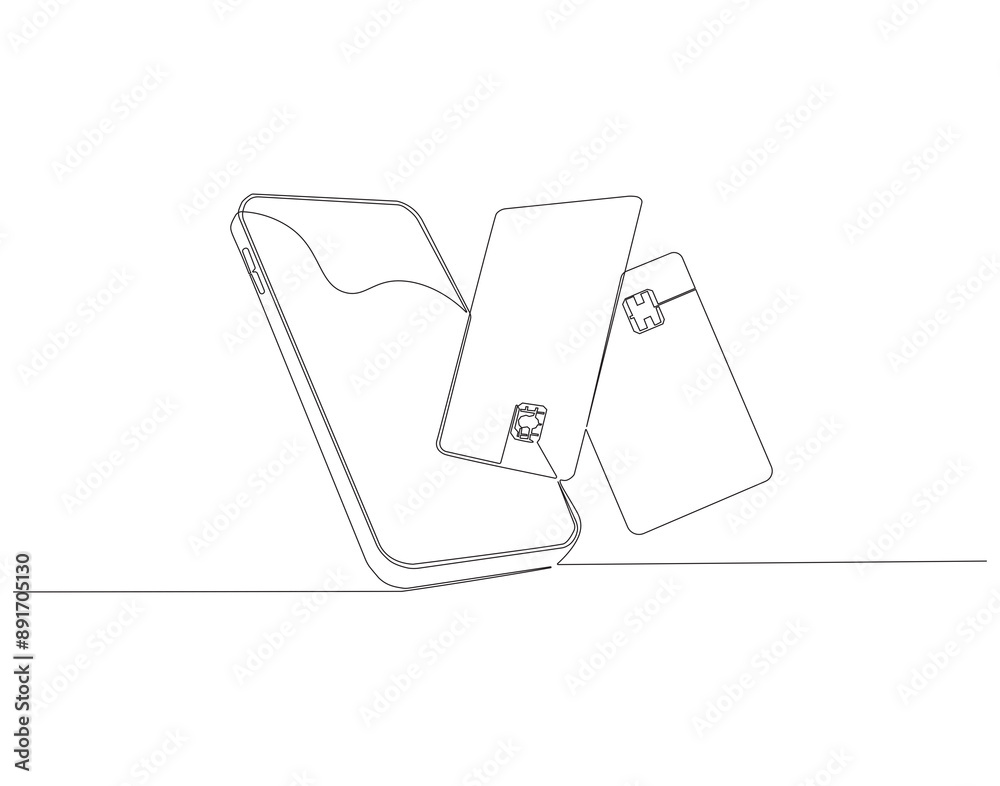Continuous one line drawing of smartphone and credit card. One line drawing illustration of phone and bank card. Electronic money, E-commerce concept continuous line art. Editable outline. Continuous one line drawing of smartphone and credit card. One line drawing illustration of phone and bank card. Electronic money, E-commerce concept continuous line art. Editable outline.