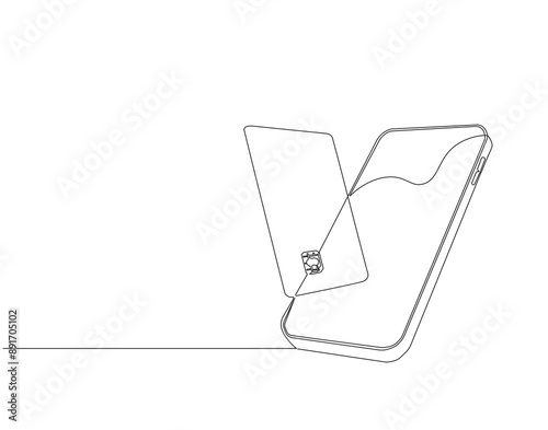 Continuous one line drawing of smartphone and credit card. One line drawing illustration of phone and bank card. Electronic money, E-commerce concept continuous line art. Editable outline.