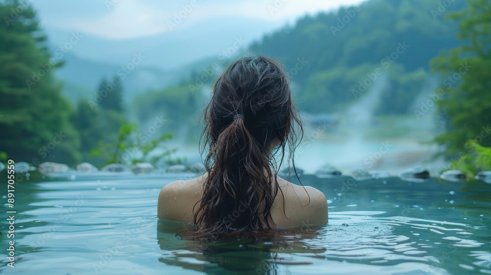 Fototapeta premium A woman soaking in an outdoor hot spring with a view of misty mountains and lush greenery, creating a serene and tranquil atmosphere perfect for relaxation and rejuvenation in nature.