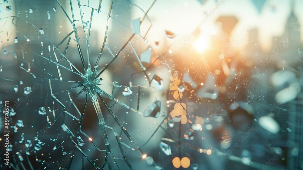 Shattered glass window with cityscape and sunlight. A close-up photo of ...