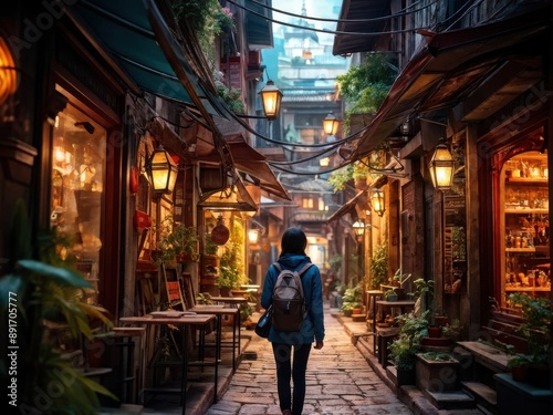 Urban Adventure: Traveler Wandering Through a Historic Cities Charming Backstreets. generative AI © EVISUAL