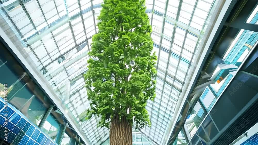 High-tech, environmentally friendly workspace in a modern, plant-filled office High-tech, environmentally friendly workspace in a modern, plant-filled office