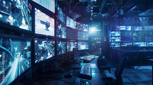 Wallpaper Mural Conceptual background of a high-tech security control room with CCTV monitors  Torontodigital.ca